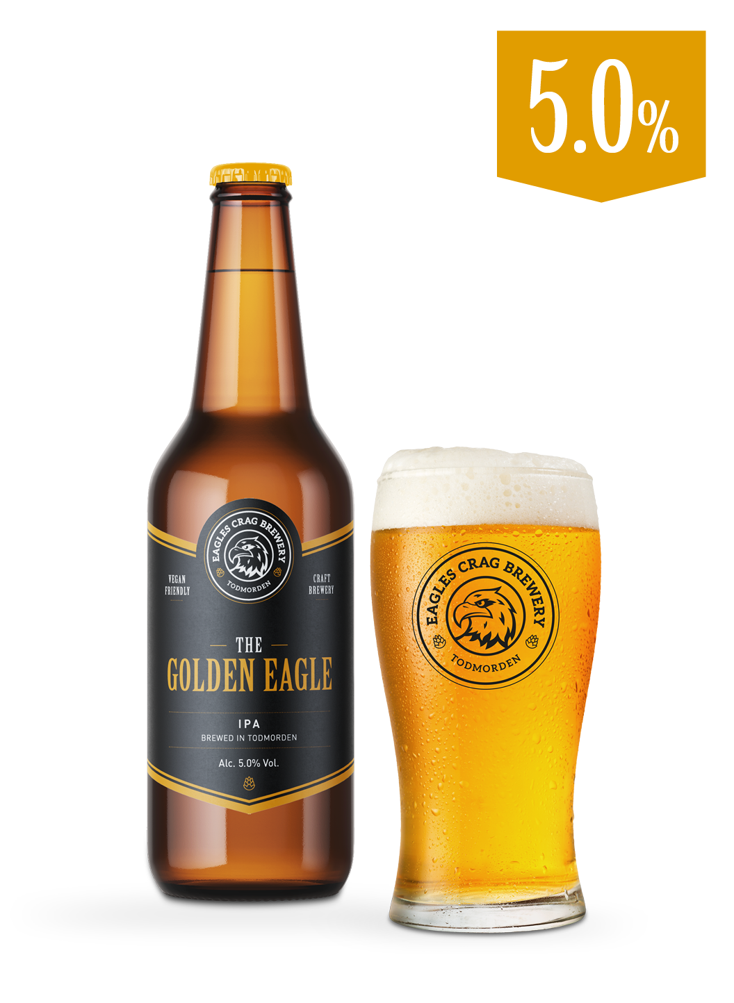 Craft beer bottle and pint of The Golden Eagle