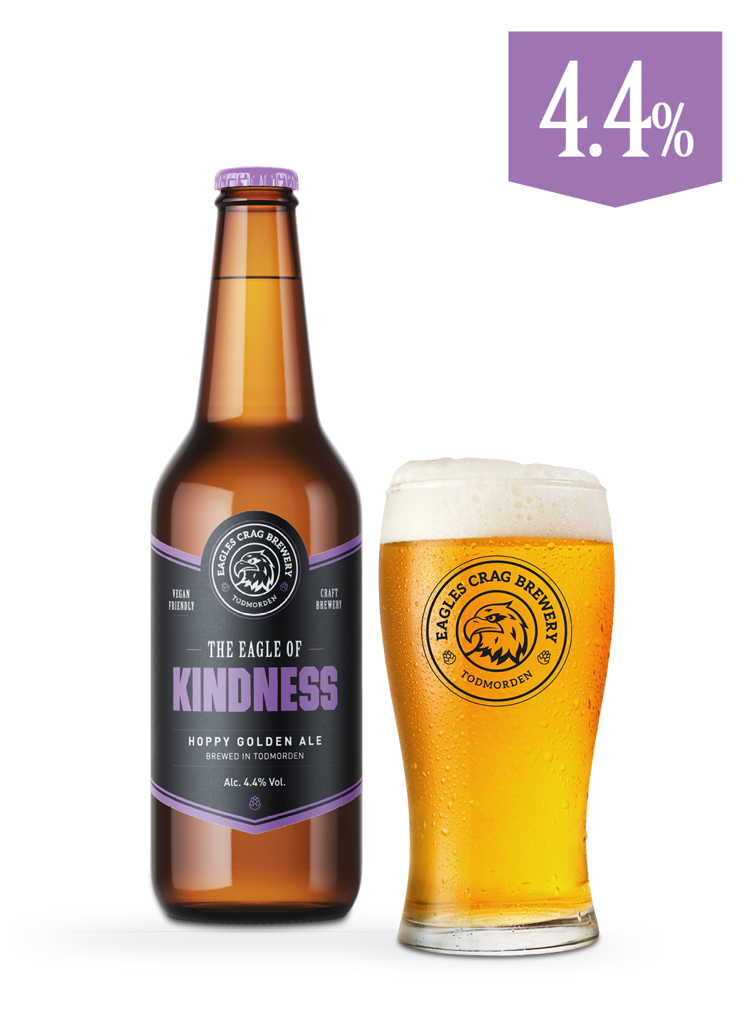 Craft beer bottle and pint of The Eagle of Kindness