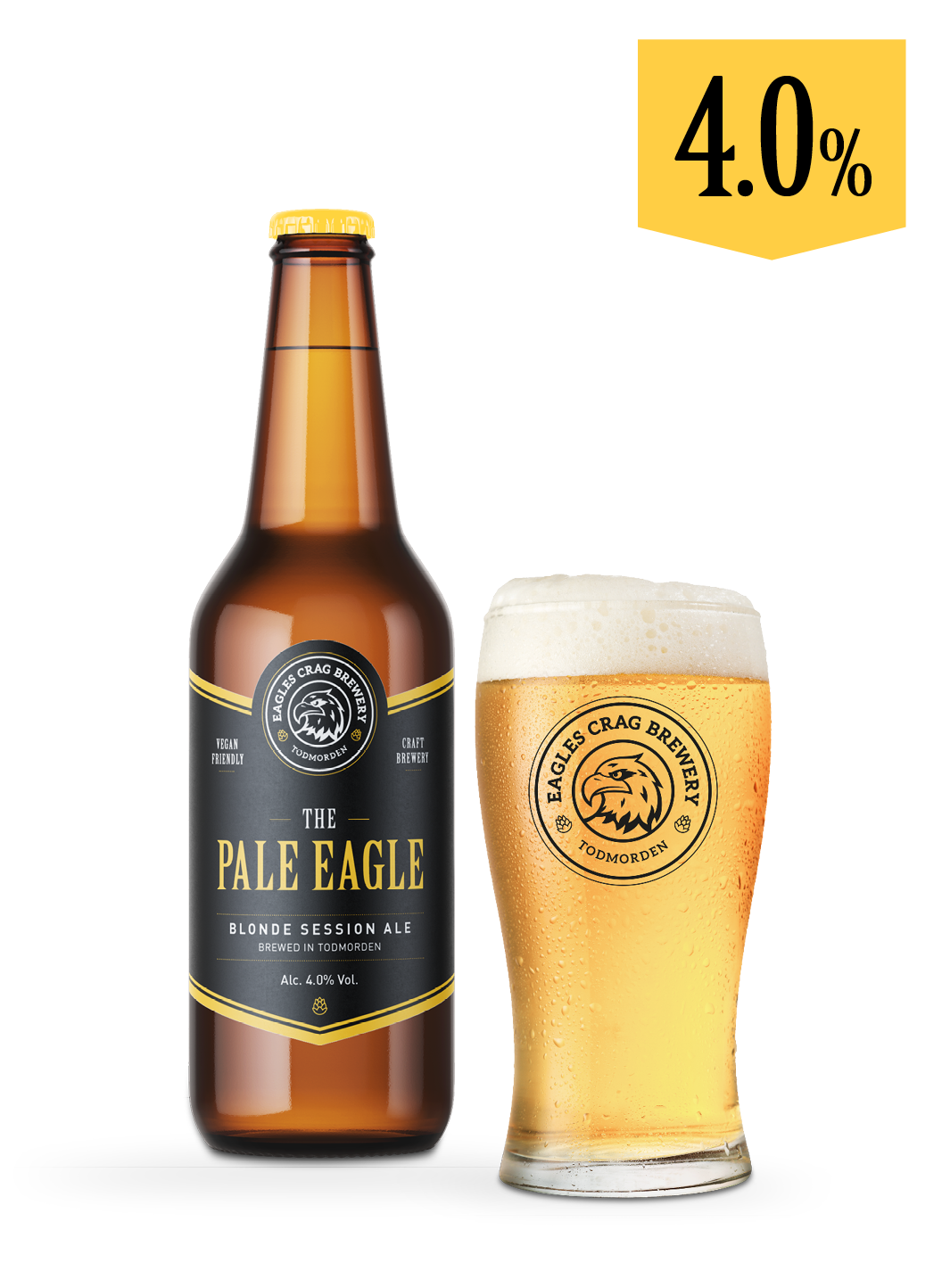 Craft beer bottle and pint of The Pale Eagle